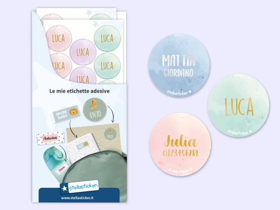 Etichette rotonde con nome in Oro/Argento e design acquerello