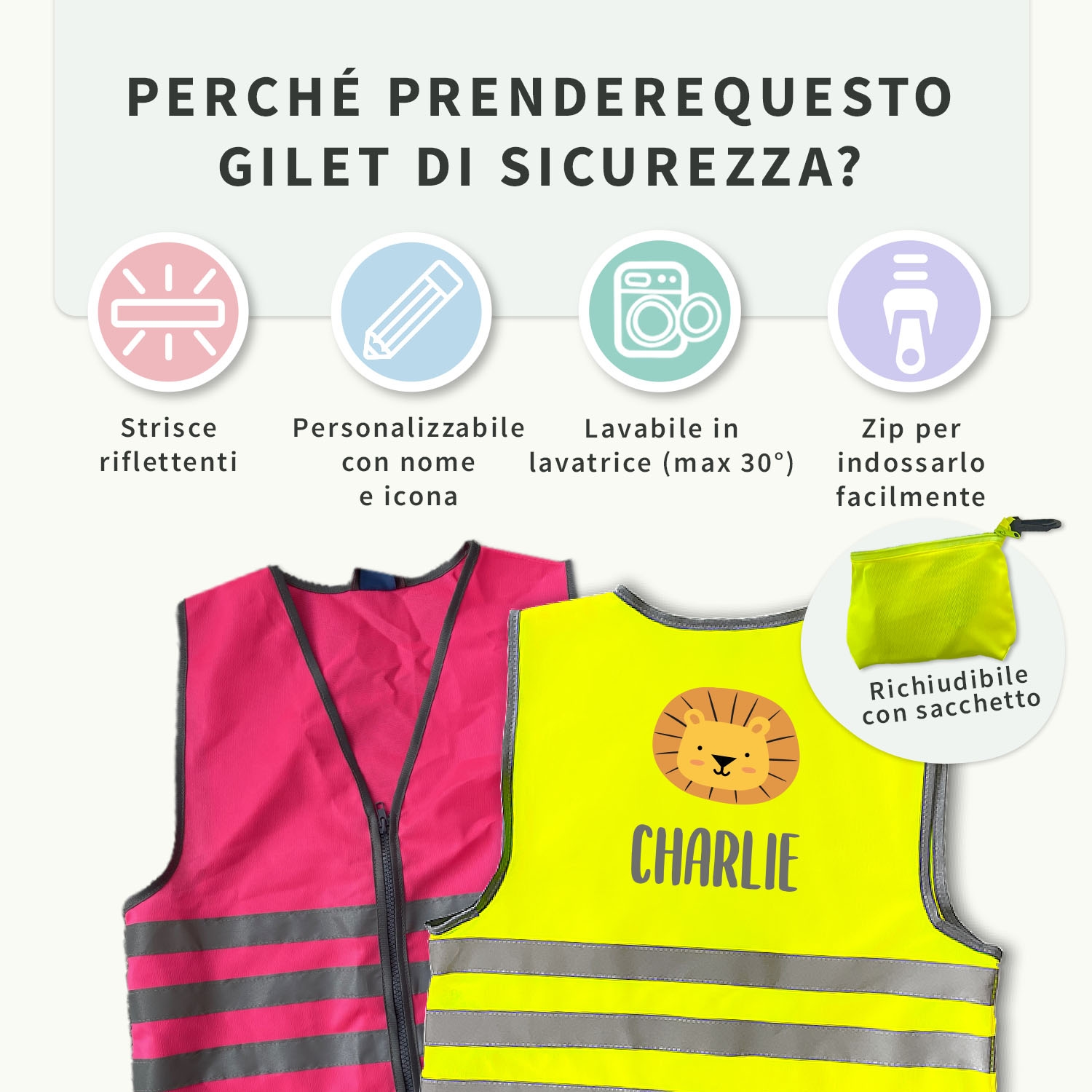 Gilet di sicurezza fluorescente per bambini con nome - Tema