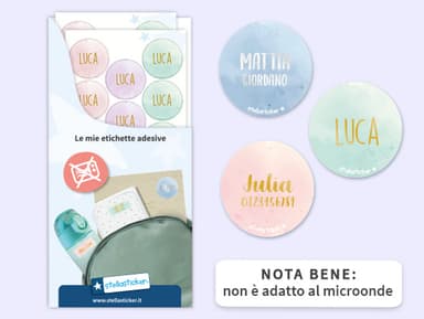 Etichette rotonde con nome in Oro/Argento e design acquerello