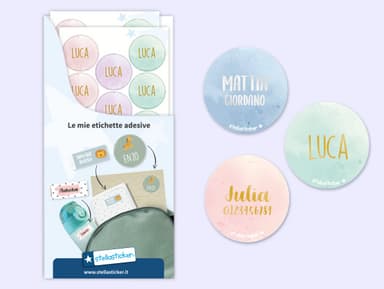 Etichette rotonde con nome in Oro/Argento e design acquerello