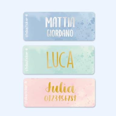 Etichette adesive con testo oro/argento e design acquerello