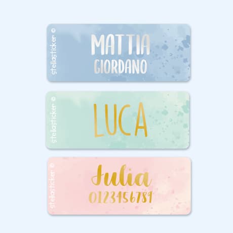 Etichette adesive con testo oro/argento e design acquerello