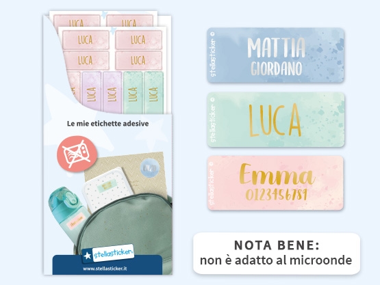 Etichette adesive con testo oro/argento e design acquerello