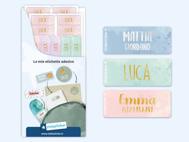 Etichette adesive con testo oro/argento e design acquerello