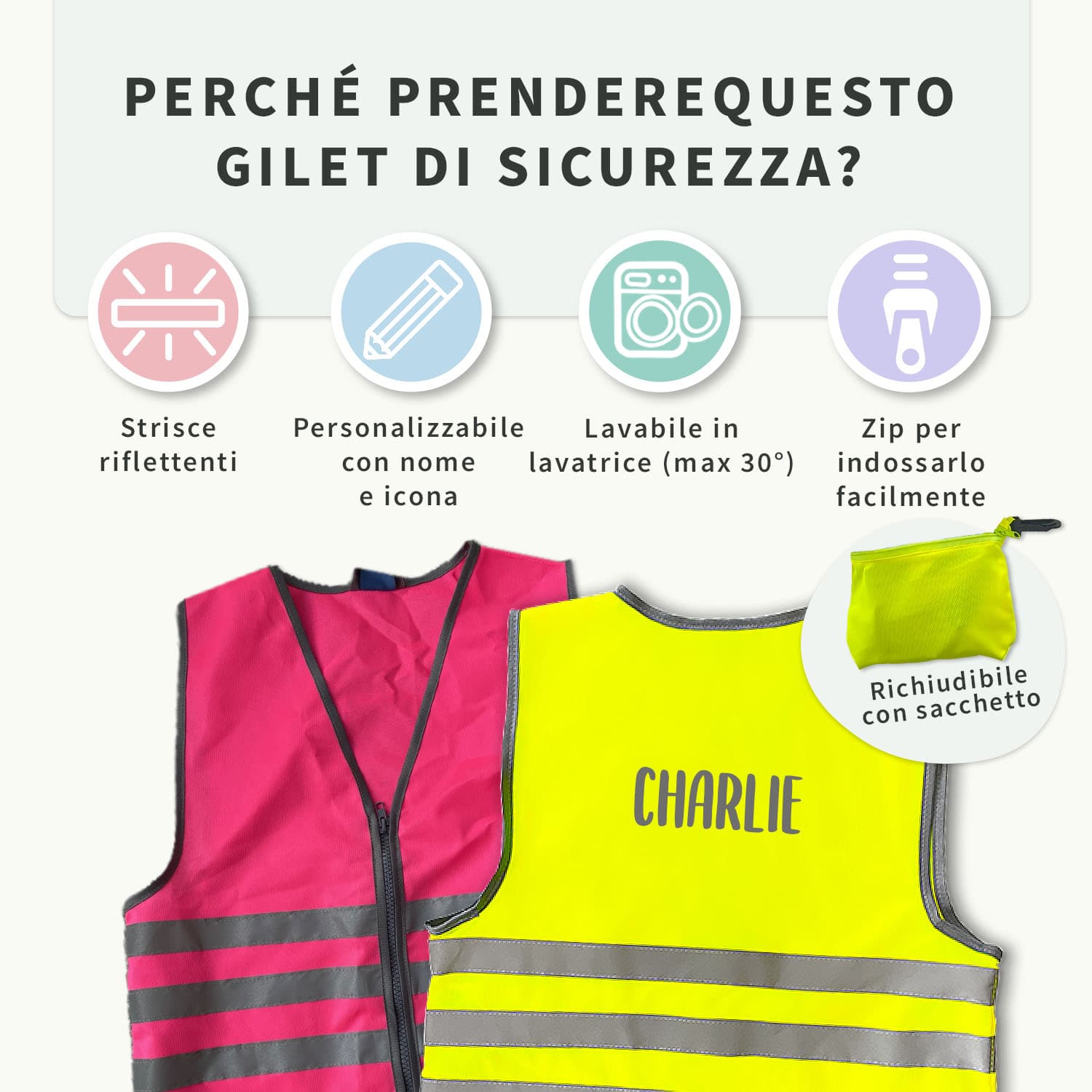 Gilet di sicurezza fluorescente per bambini con nome - Base